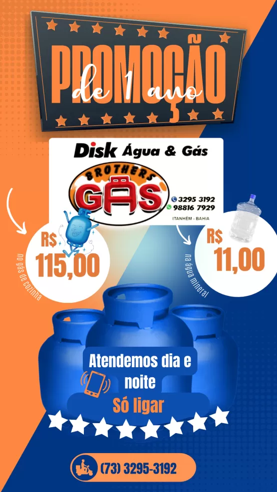 Brothers Gás e Água faz aniversário de um ano e está com superpromoção para você; entrega dia e noite 