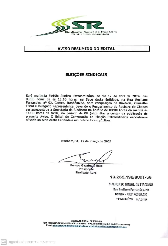 Eleição para diretoria do Sindicato Rural de Itanhém está marcada para 12 de abril em Itanhém/BA