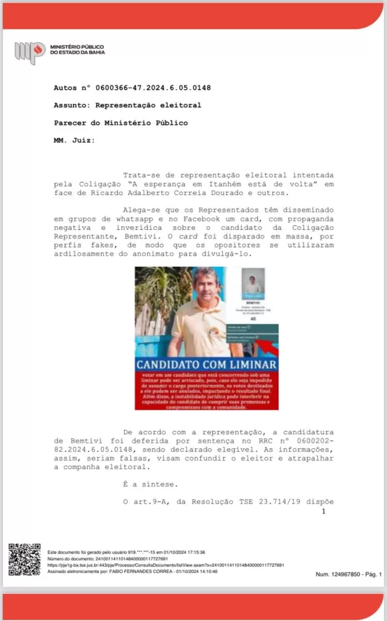 Promotor emite parecer pela extinção de processo sobre propaganda negativa (Fake News) contra Bemtivi