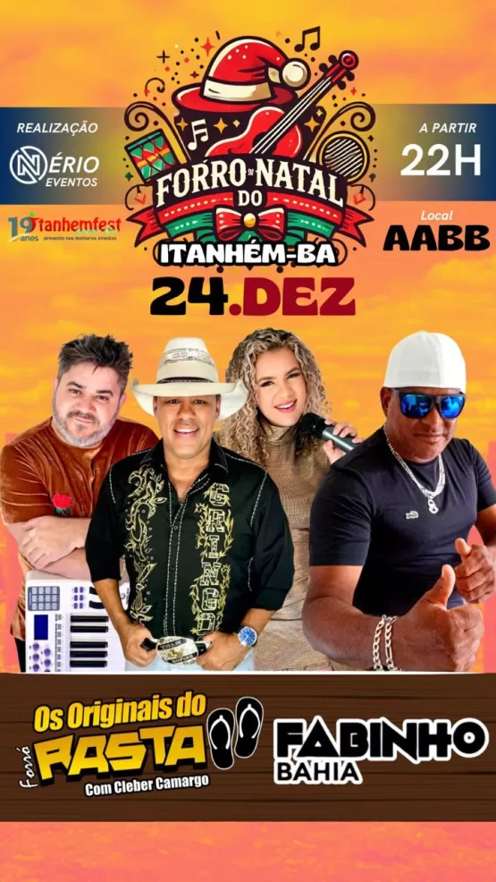 Nério Eventos realizará o 1º Forró Natal com Rasta Chinela na AABB de Itanhém, dia 24 de dezembro