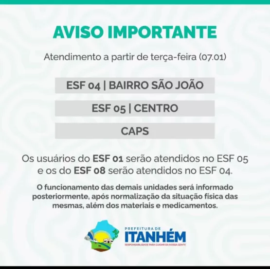 Utilidade Pública: Prefeitura de Itanhém Informa Sobre Alteração no Atendimento das Unidades de Saúde da Família