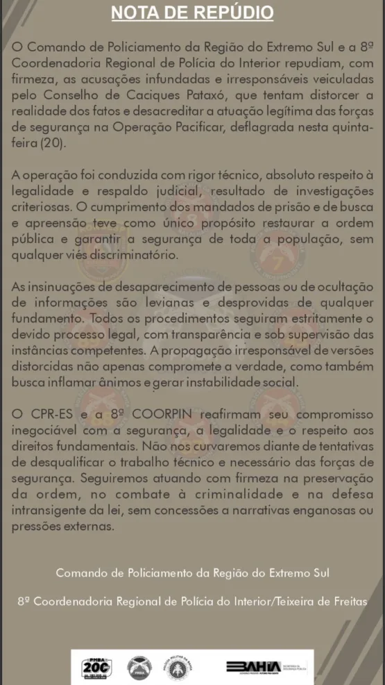 Comando de Policiamento do Extremo Sul e 89ª COORPIN Repudiam Acusações Infundadas sobre a Operação Pacificar