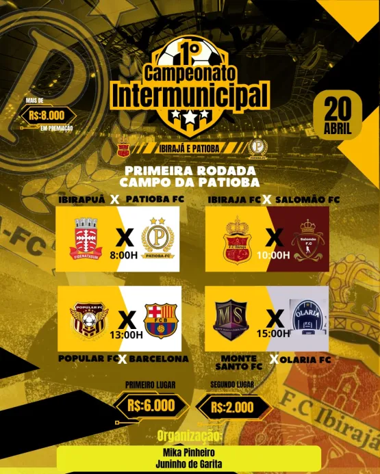 Abertura do Campeonato Intermunicipal será neste domingo na Patioba com R$ 8 mil em premiação e duelo entre os donos da casa e Ibirajá