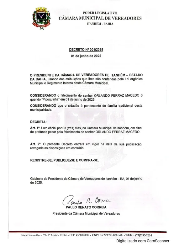 Câmara de Itanhém decreta três dias de luto oficial pela morte de “Pipoquinha”