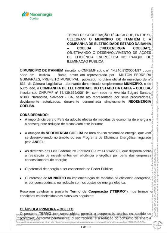 Prefeitura de Itanhém e Neoenergia Coelba firmam parceria para modernizar a iluminação pública