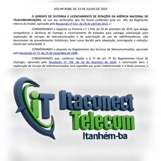  Itaconect está legalizada e já tem a outorga exigida pela Anatel, garantindo uma conexão legal, estável e de qualidade