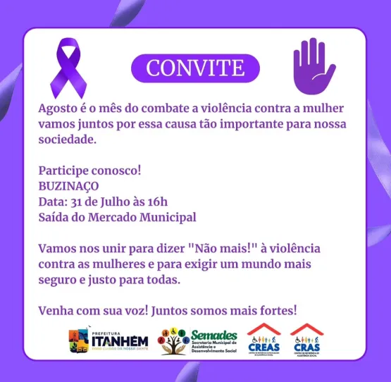Itanhém realiza Buzinaço contra a violência à mulher no dia 31 de julho