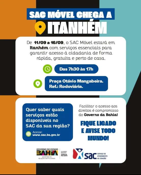 SAC Móvel Estará Em Itanhém De 11 A 16 De Setembro