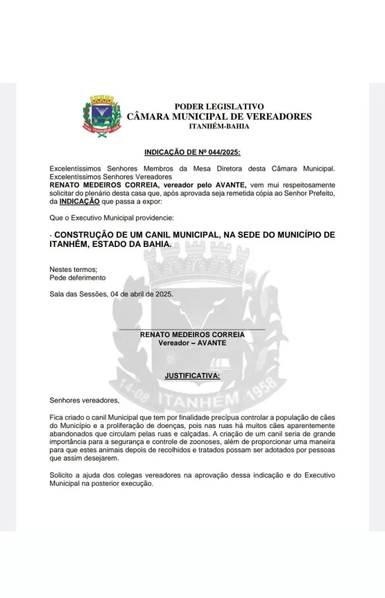 Vereador Renato Correia Apresenta Indicação Para Construção De Canil Municipal Em Itanhém