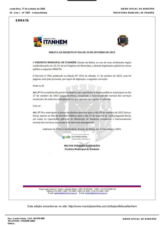 Prefeitura De Itanhém Antecipará Ponto Facultativo Do Dia Do Servidor Público Para Segunda-Feira, 27 De Outubro