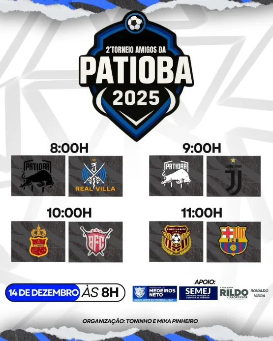 Patioba se prepara para o 2º Torneio Amigos da Patioba 2025 no dia 14 de dezembro Patioba se prepara para o 2º Torneio Amigos da Patioba 2025 no dia 14 de dezembro