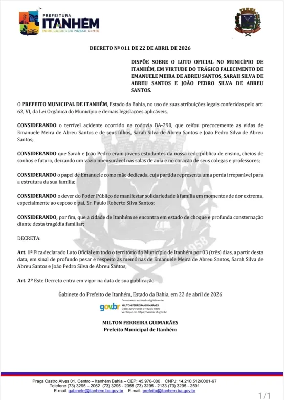 ITANHÉM DECRETA LUTO OFICIAL APÓS TRAGÉDIA NA BA-290 QUE VITIMOU MÃE E DOIS FILHOS