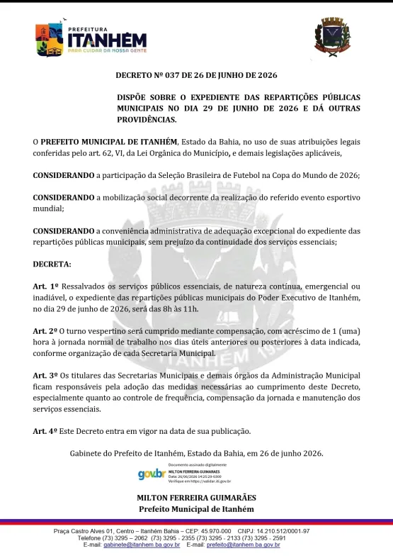 Prefeitura de Itanhém decreta expediente reduzido nas repartições públicas na próxima segunda-feira (29)
