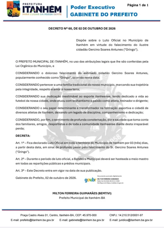 Prefeitura de Itanhém decreta luto oficial de três dias pelo falecimento de Gercino Soares Antunes, o popular Gringo Prefeitura de Itanhém decreta luto oficial de três dias pelo falecimento de Gercino Soares Antunes, o popular Gringo