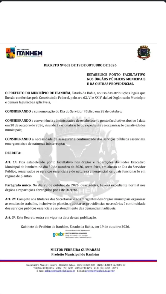 Prefeitura de Itanhém transfere ponto facultativo do Dia do Servidor Público de 28 para 30 de outubro; segunda-feira (2) será feriado