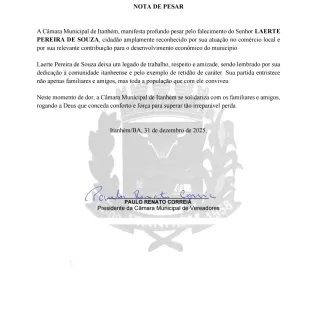 Câmara De Vereadores De Itanhém Publica Nota De Pesar Pelo Falecimento De Laerte Pereira De Souza