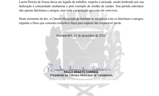 Câmara De Vereadores De Itanhém Publica Nota De Pesar Pelo Falecimento De Laerte Pereira De Souza