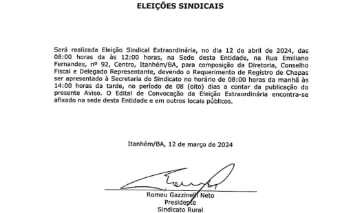 Eleição para diretoria do Sindicato Rural de Itanhém está marcada para 12 de abril em Itanhém/BA