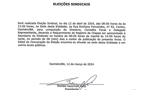 Eleição para diretoria do Sindicato Rural de Itanhém está marcada para 12 de abril em Itanhém/BA