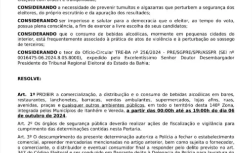 Justiça Eleitoral Proíbe Venda e Consumo de Bebidas Alcoólicas no Dia da Eleição em Itanhém e Vereda