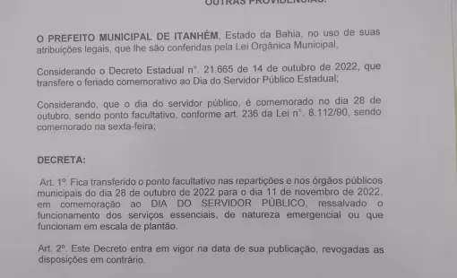 Órgãos públicos irão funcionar normalmente nesta sexta-feira (28/10), que é ponto facultativo (Dia do Servidor Público) 