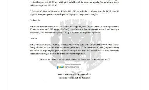 Prefeitura De Itanhém Antecipará Ponto Facultativo Do Dia Do Servidor Público Para Segunda-Feira, 27 De Outubro