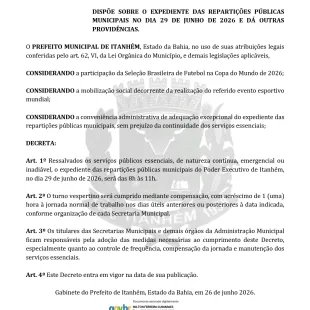 Prefeitura de Itanhém decreta expediente reduzido nas repartições públicas na próxima segunda-feira (29)