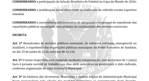 Prefeitura de Itanhém decreta expediente reduzido nas repartições públicas na próxima segunda-feira (29)