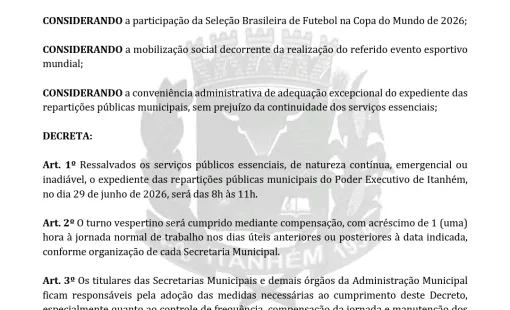 Prefeitura de Itanhém decreta expediente reduzido nas repartições públicas na próxima segunda-feira (29)