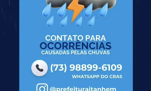 Prefeitura De Itanhém Mantém Equipes De Plantão Após Fortes Chuvas E Disponibiliza Contato Para Ocorrências (73) 98899-6109