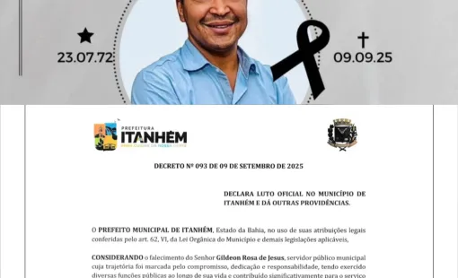 Prefeitura Decreta Luto Oficial De 3 Dias Pelo Falecimento De Gildeon Rosa De Jesus