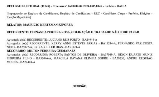 TRIBUNAL REGIONAL ELEITORAL DA BAHIA MANTÉM REGISTRO DE CANDIDATURA DE MILTON FERREIRA GUIMARÃES PARA PREFEITO DE ITANHÉM