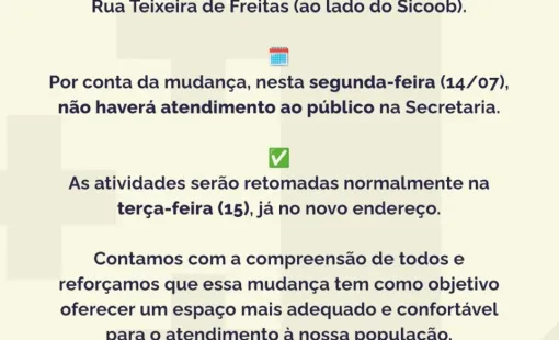 [UTILIDADE PÚBLICA] Secretaria de Saúde de Itanhém muda de endereço e terá pausa no atendimento nesta segunda (14)